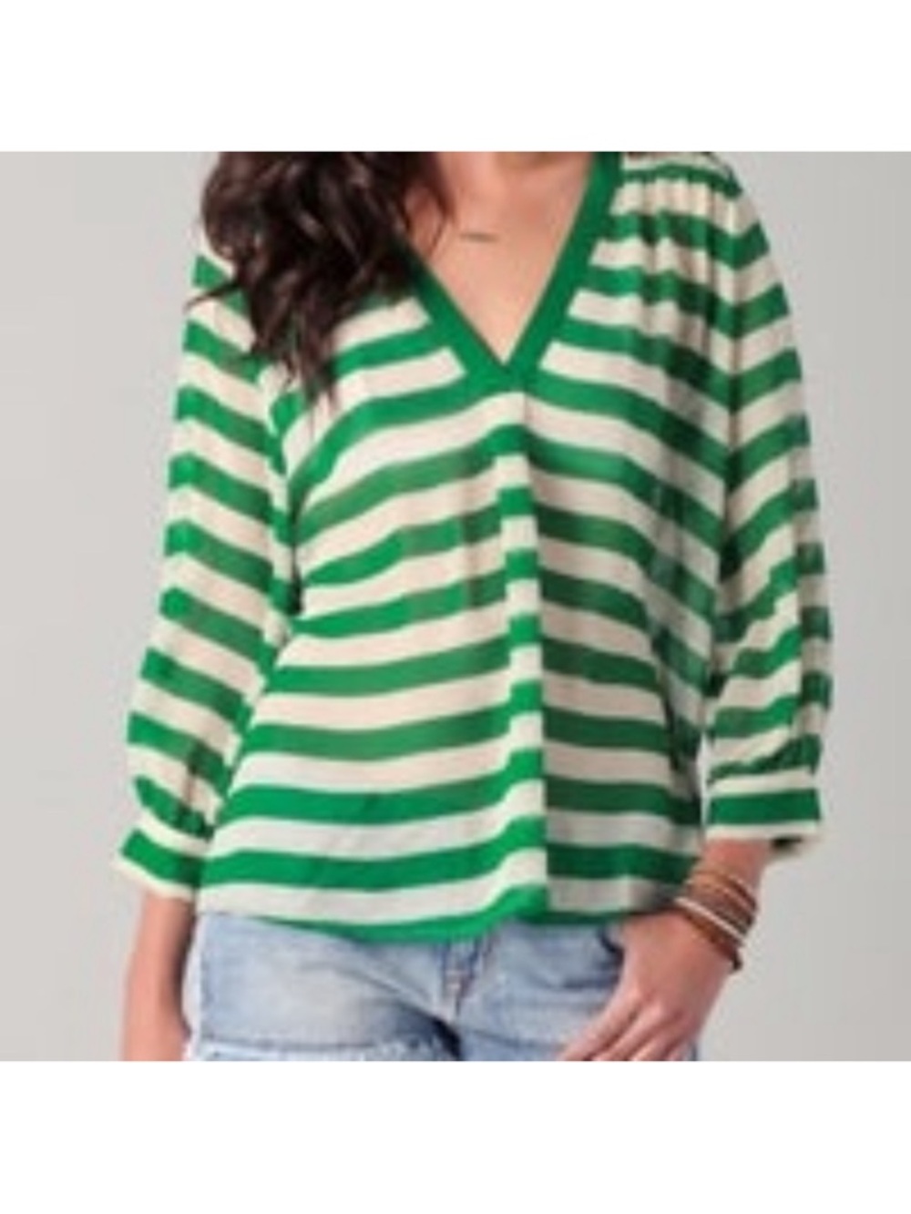 Joie Aceline green white striped 3/4 sleeve silk blouse top